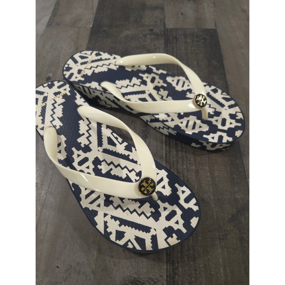 Tory Burch Wedge Flip Flops Navy White Geometric Tribal Logo Platform Sandals 10